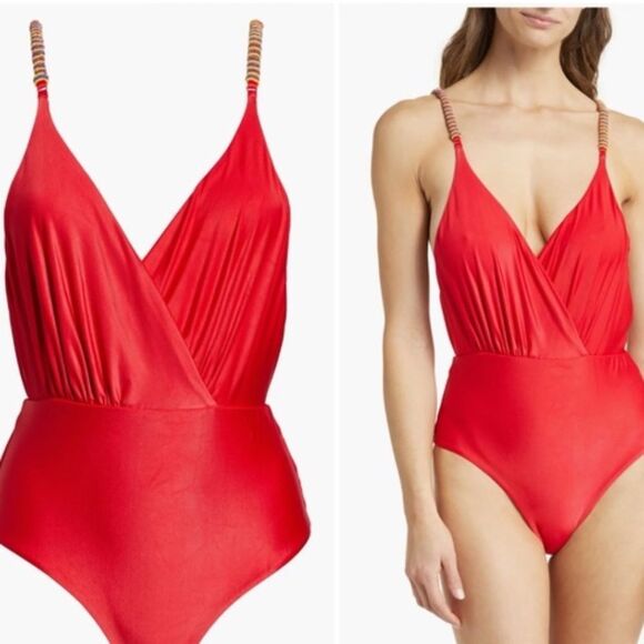 FARM Rio Other - FARM Rio Red One-Piece Swimsuit with Beaded Straps
